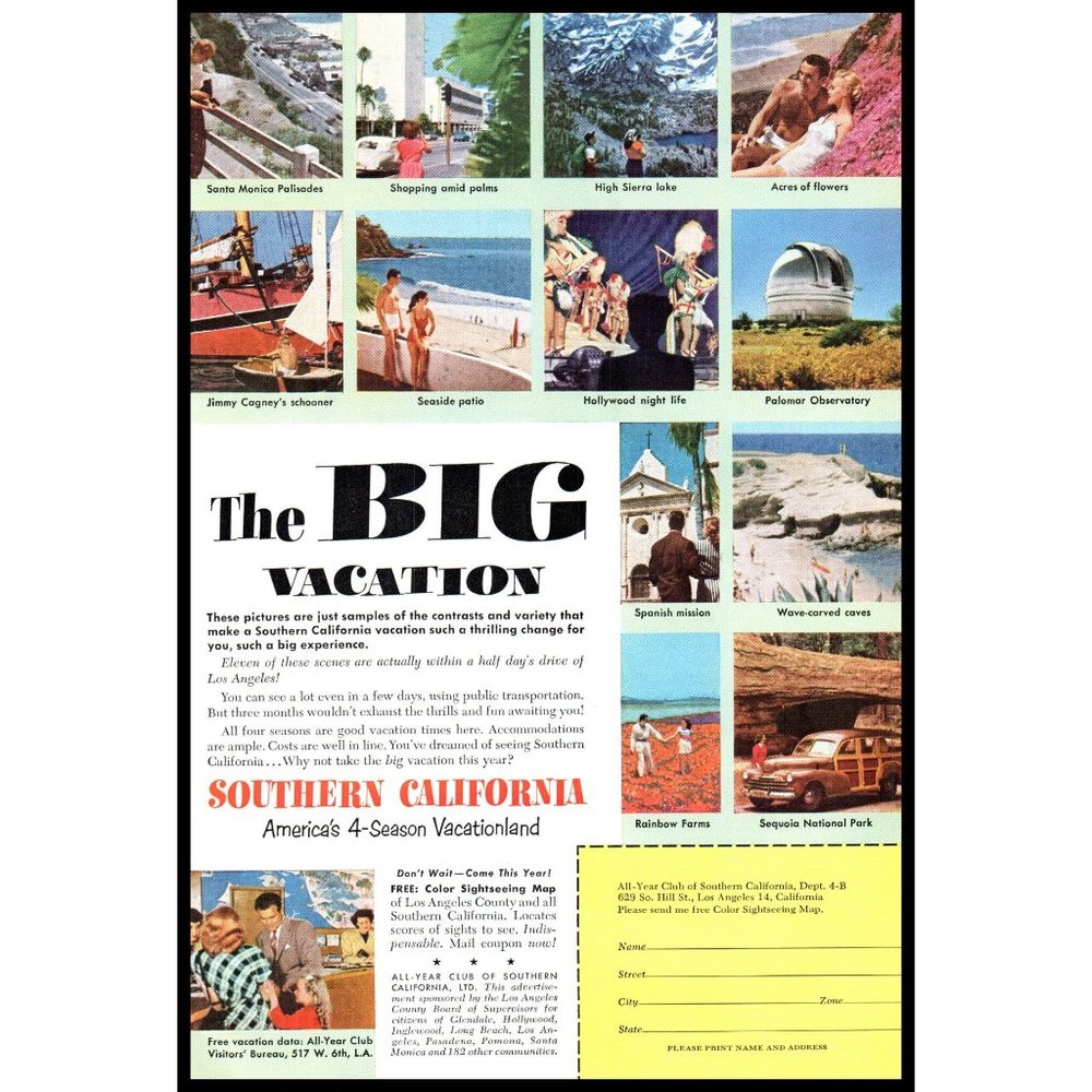 1953 Southern California Big Vacation Vintage Print Ad Sequoia National Part Art